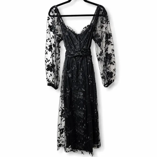 NEW Lulus Darling Charisma Black Mesh Embroidered Balloon Sleeves Midi Dress XS - Image 5