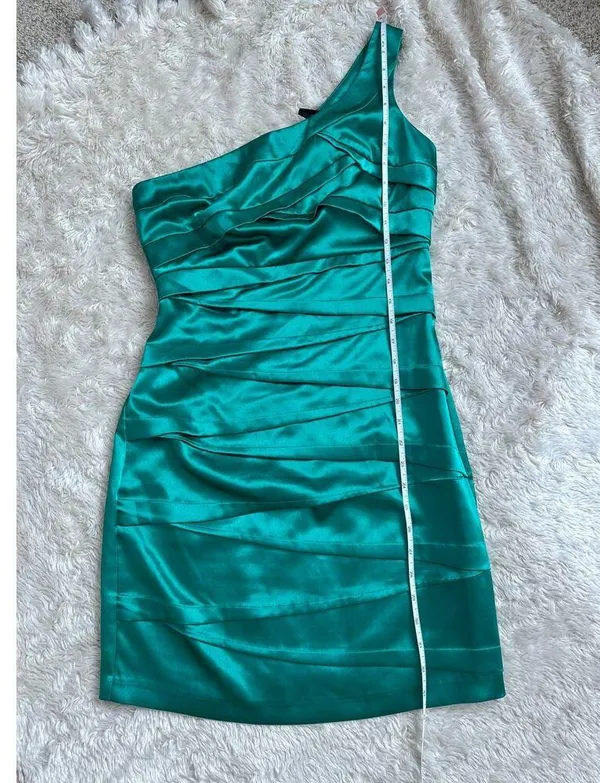 A. Byer Sz 5 S Green Satin Stretchy Cocktail Mini Dress Assymetric One Shoulder - Image 4