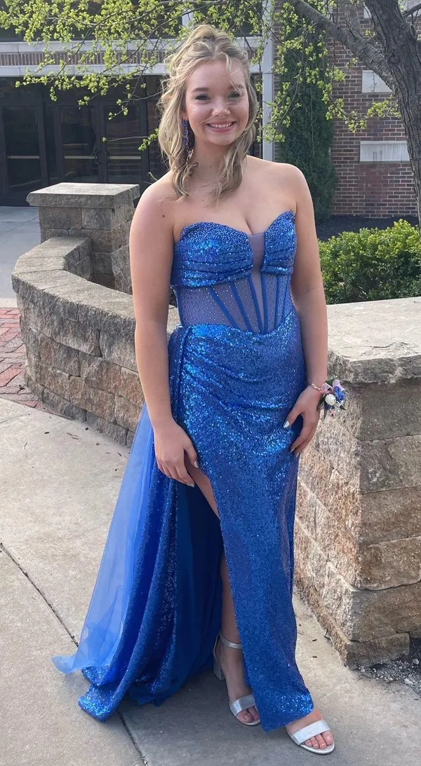 Blue Sequin Camille La Vie Prom Dress - Image 3