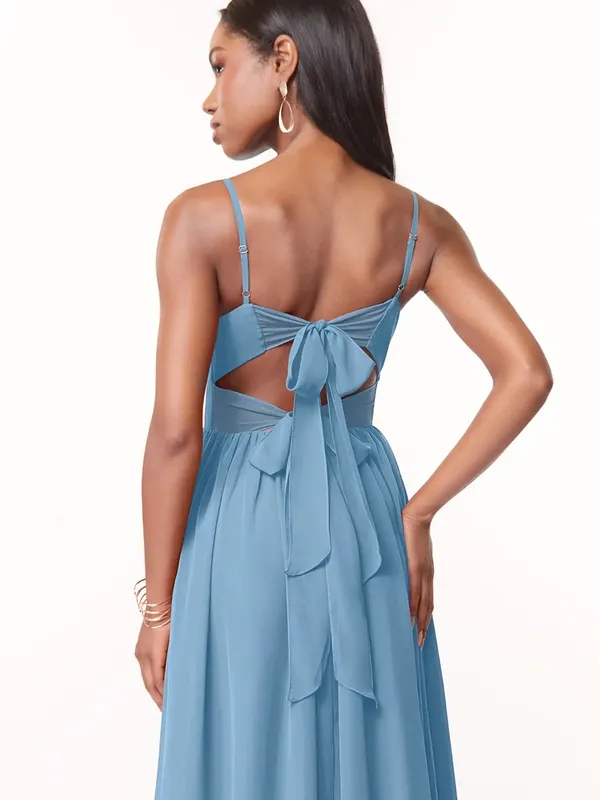 Azazie Zeya Steel Blue A-Line V-Neck Pleated Chiffon Dress Size 6 - Image 2