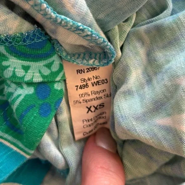 Tori Richard Honolulu XXS Blue Green Paisley Tunic Dress Bell Sleeve Stretch - Image 3