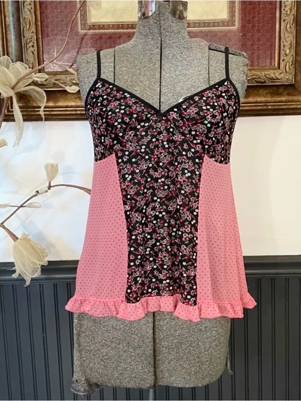 Vintage Y2K Lucky Brand Floral Polka Dot Mesh Babydoll Lingerie Cami Top M 💕🎀 - Image 3