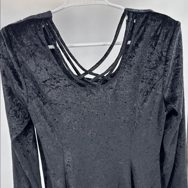 Black vintage crushed velvet Midi Dress long sleeve flowy cross cross back witch - Image 3