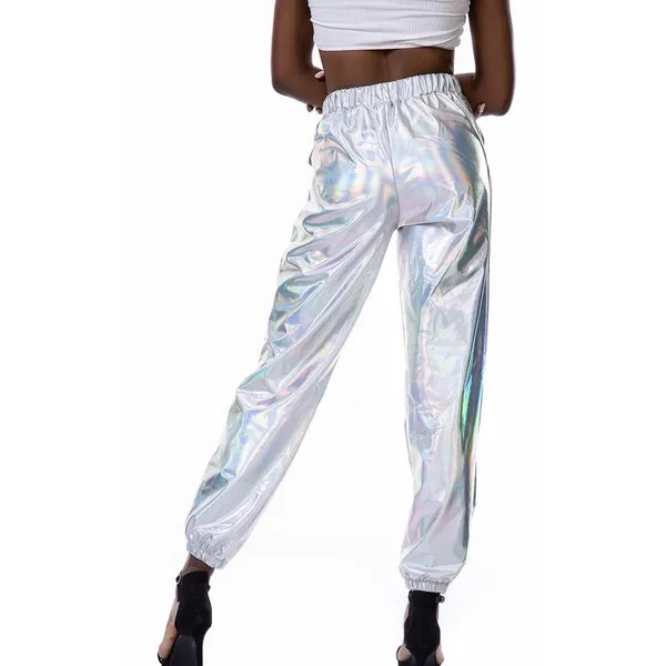 Women's Shiny Metallic High Waist Stretchy Jogger Pants Iridescent Silver XL - Image 3