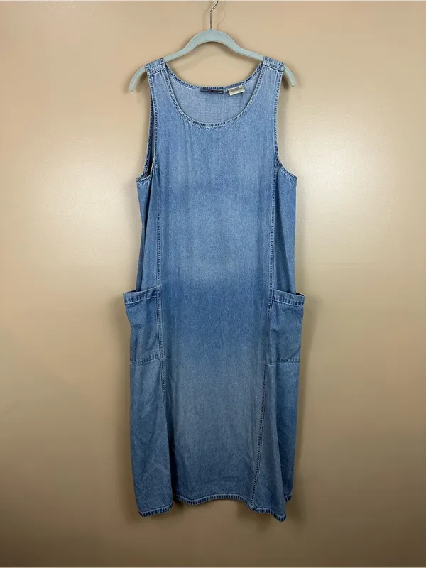 Vintage Denim Jumper Midi Dress M Utility Pockets 100% Cotton 90s Country - Image 3