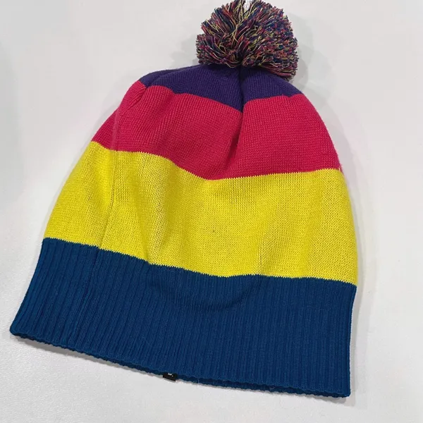 Patagonia Ski‎ Beanie Hat Pom Pom Striped Yellow Blue Pink Unisex - Image 3
