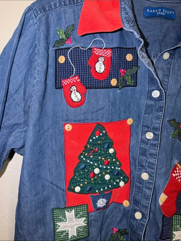 Vintage Embroidered Christmas Denim Shirt Corduroy Collar cottagecore granny 90s - Image 3