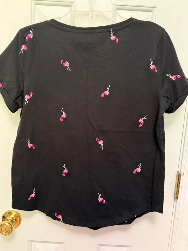 Vintage‎ America Black Flamingo Embroidered Tee Shirt Small Cute Novelty Top - Image 3