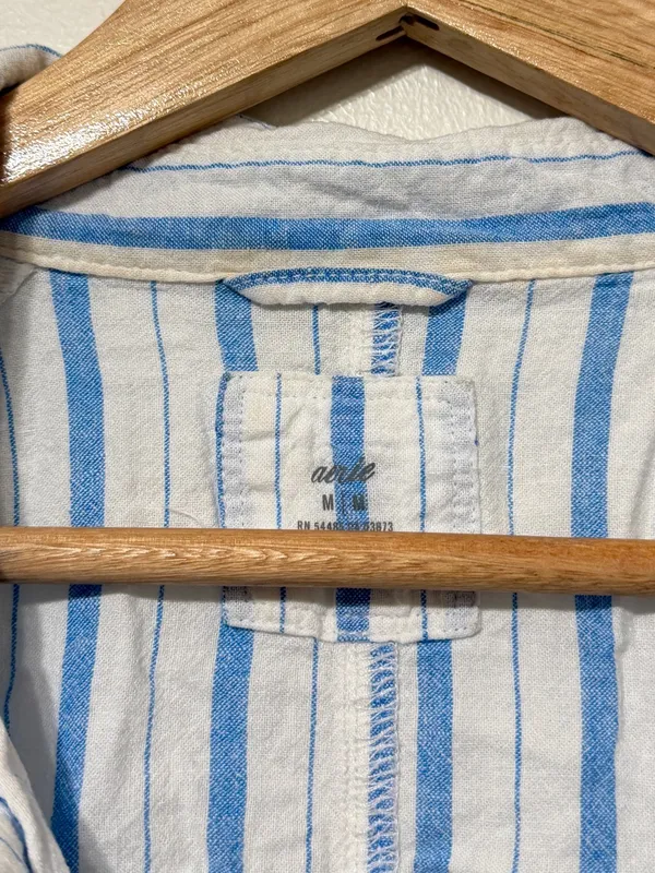Aerie Pool-To-Party Linen Blend Cover Up Shirt Button Up Blue Stripe Medium - Image 5
