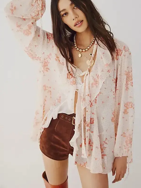 Free People Women’s Dreamland Printed Tunic Top Semi-Sheer in Floral Print L - Image 2