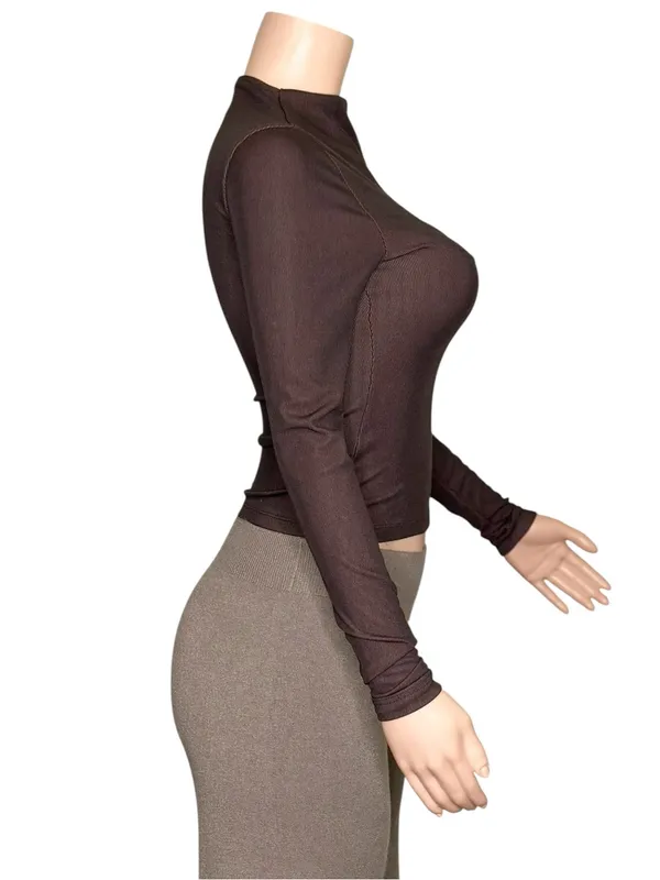 Kookai Lily Long Sleeve Ribbed Knit Mock Turtleneck Top, Ganache, FR36/US4 - Image 6