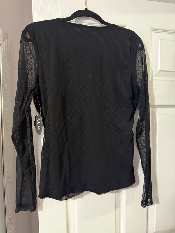 Black long-sleeve sheer/mesh lace ruched V-neck top - Image 2