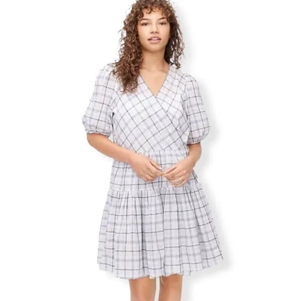J.‎ Crew Cotton Voile Wrap Mini Dress Puff Sleeves In Oyster White Plaid Small - Image 2