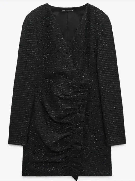Zara Dress Size Womens Textured Mini‎ Weave Tweed Black Blazer Ruffle Dress M - Image 2
