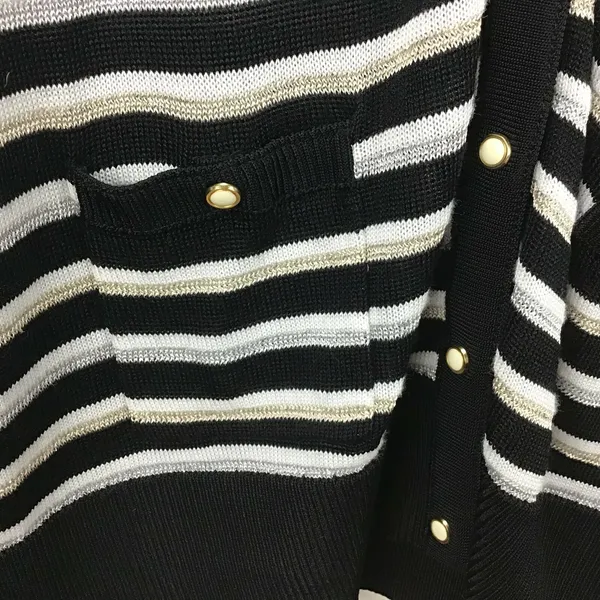 White House Black Market Cardigan Women Medium Black White Striped Metallic‎ - Image 4