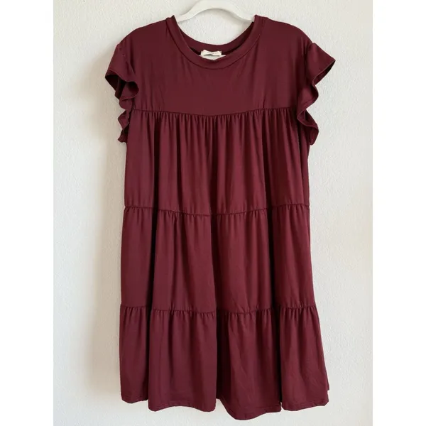 Entro Women’s‎ Tiered Merlot Babydoll Ruffle Short Sleeve Mini Dress Size Small - Image 11