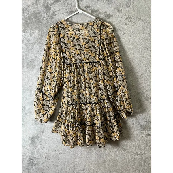 Free People‎ Free Swinging Floral Mini Dress Boho Peasant Tiered Ruffle Small - Image 6