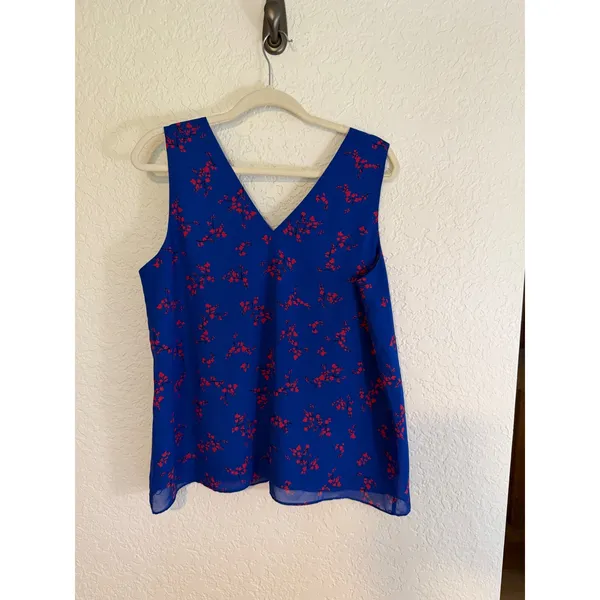 Ann Taylor Factory Tank Top Blue L Womens Floral V-Neck Sleeveless‎ Blouse - Image 9