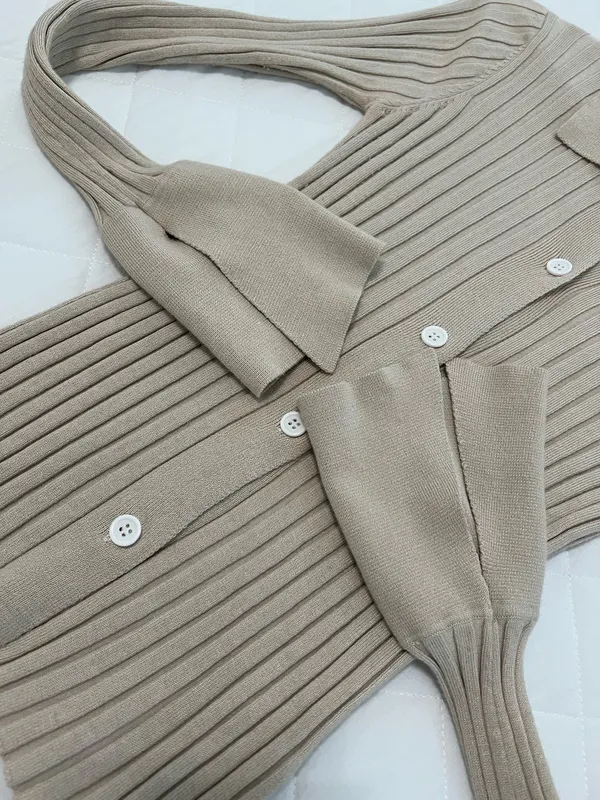 More To Come Ribbed Knit Collared Cardigan Top Beige Revolve Bell Sleeve S - Image 6