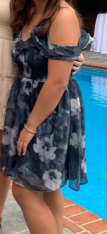 Woven Pink Blue Floral Off the Shoulder Mini Dress - Image 6