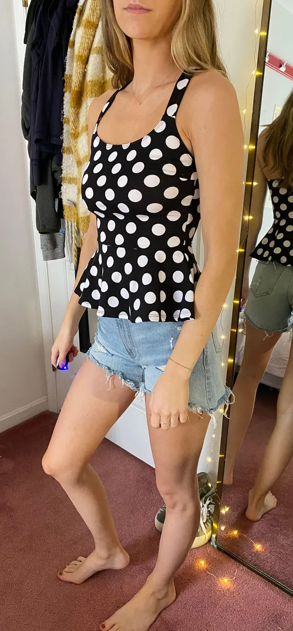 Black With White Polka Dot Peplum Top Size XS - Image 2