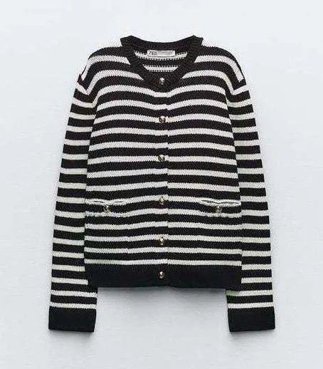 Zara button up sweater cardigan knitted stripped golden button - Image 3
