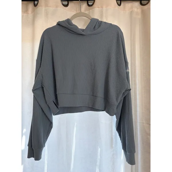 Alo Yoga Muse Hoodie‎ ribbed knit cropped In Blue Size Medium - Image 2