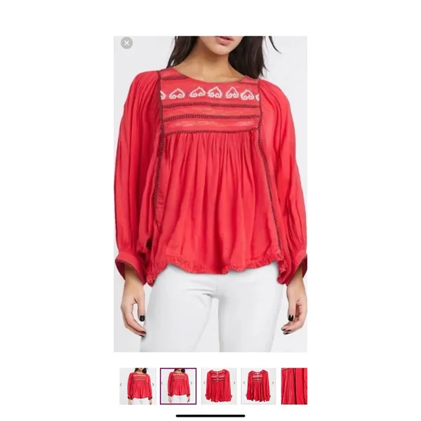 FREE‎ PEOPLE Cyprus Avenue Embroidery Red Boho Long Sleeve Top Sz XS Cottagecore - Image 2