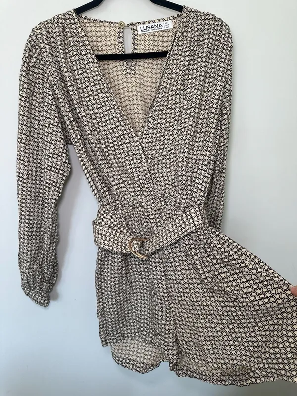 Lusana Robyn Belted Playsuit Size L Brown White Clover Print - Image 3