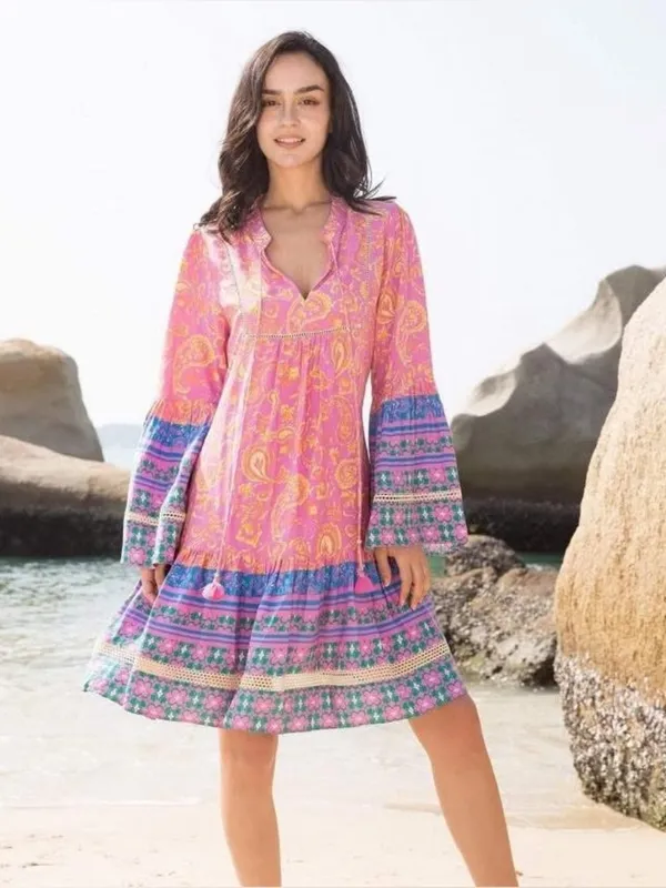 Coco + Carmen Boho Paisley Tunic Dress Pink Blue Tassel Tie Size L/XL Hippie - Image 3