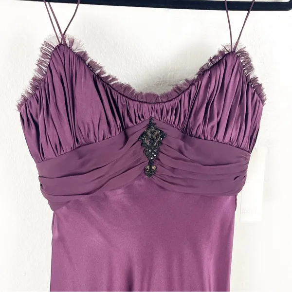 BADGLEY MISCHKA 100% Silk Burgundy Embellished Bodice Shoulder Cover Dress 6 - Image 13