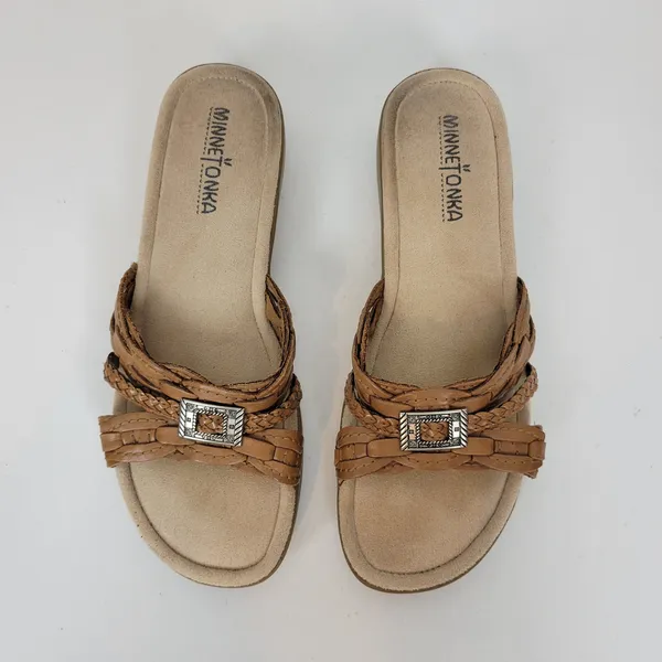Minnetonka Women's Sandals 8 Tan Medallion Leather Flat Comfort Slides Slip On - Image 6