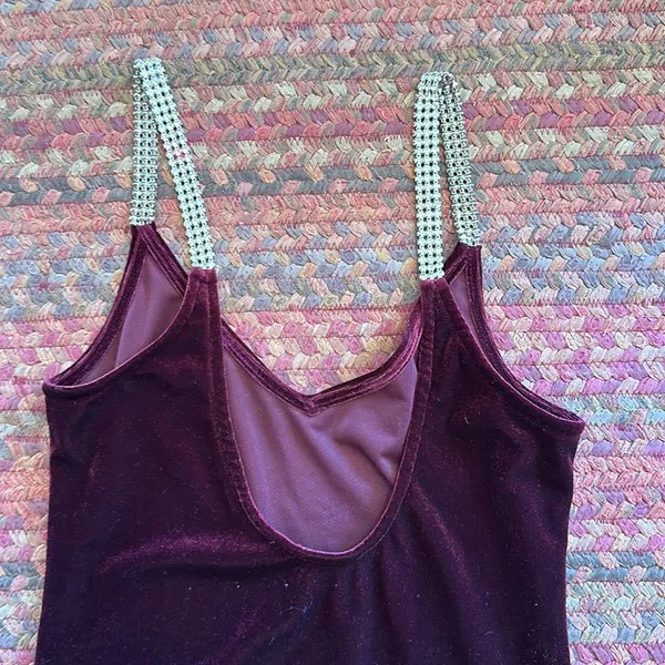 Maroon Velvet Rhinestone Strap Bodysuit One Piece - Image 6