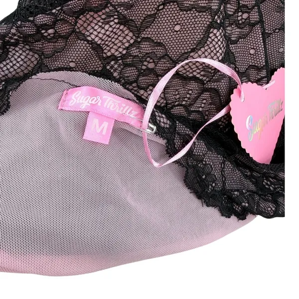 Sugar Thrillz Dolls Kill Lace Crop Top Black Pink Bow Sheer Floral NWT Medium - Image 8