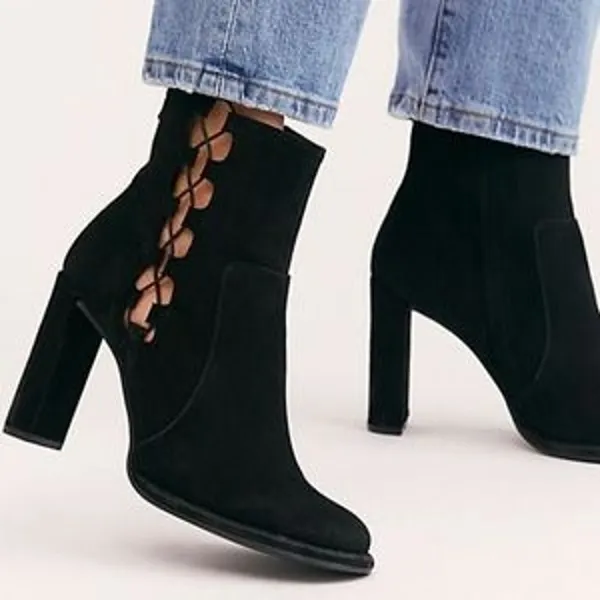 Free People Cecile Ankle Boots Suede Lace Up Side Block‎ Heel Tan Camel Size 41 - Image 3