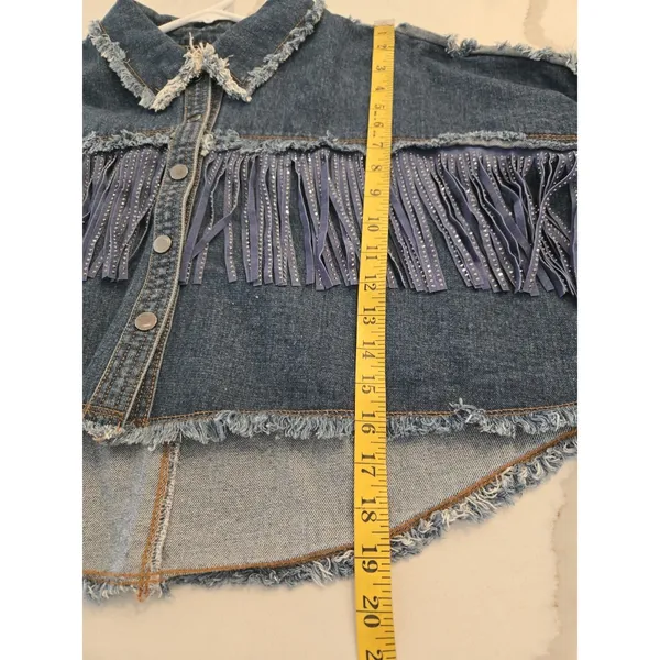 Garage The Style Between Us Denim Jacket M Blue Fringe Rhinestone Cropped Distressed - Image 10