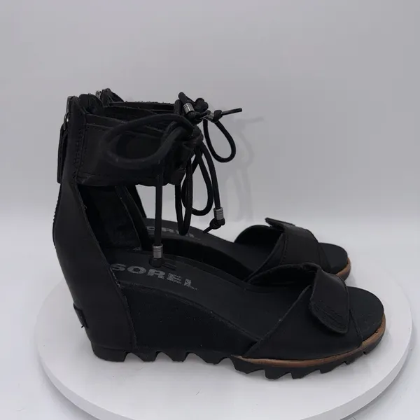 Sorel Joanie Black Leather Ankle Lace Up Wedge Heels Sandals Women's‎ Size 9 - Image 2