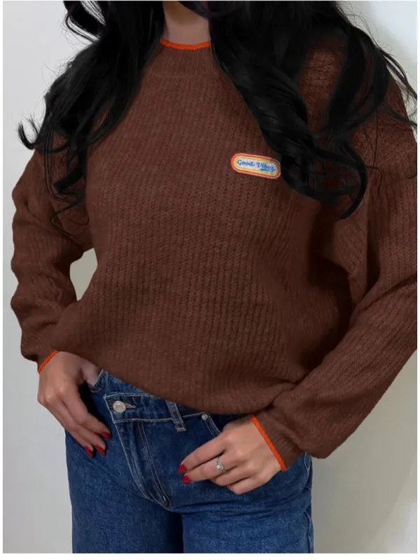 NEW Crew Neck Long Sleeve Knit Contrast Piping Strip Pullover Sweater M - Image 6