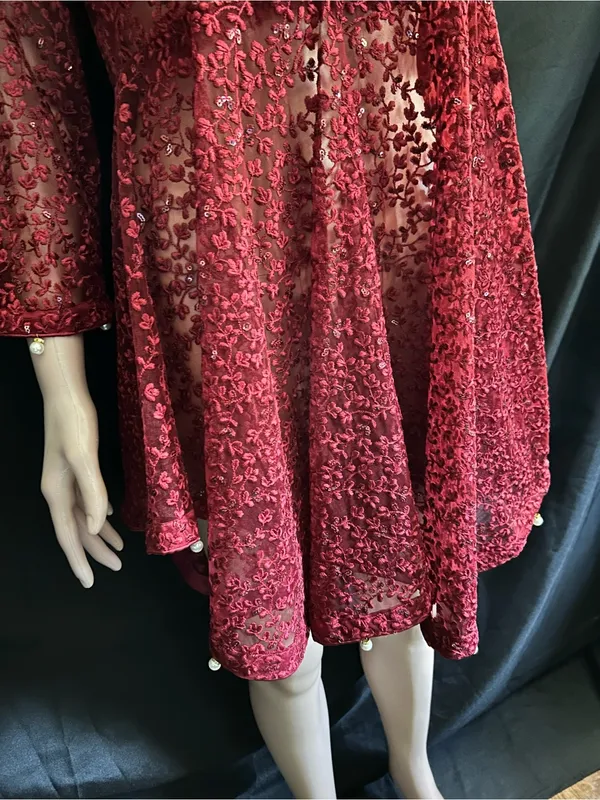 Embroidered Red Lace Fit-and-Flare Women's Dress MD - Image 6