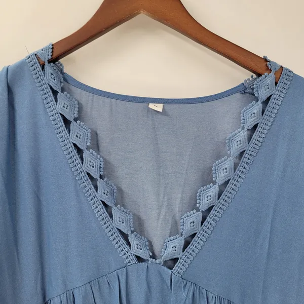 Boho Dress XL Blue Lace Crochet Trim Flowy Midi Casual Party Tiered Ruffle Rodeo - Image 6