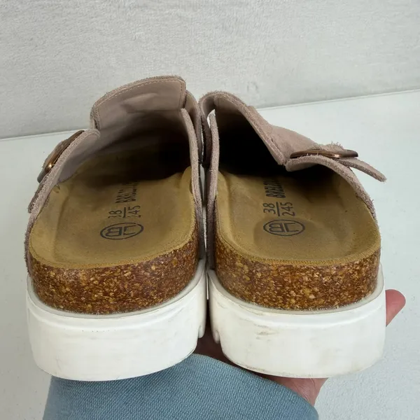 Boston Womens 7.5 Mules Clogs Suede Taupe Platform Buckle Shoes‎ Size 38 - Image 10