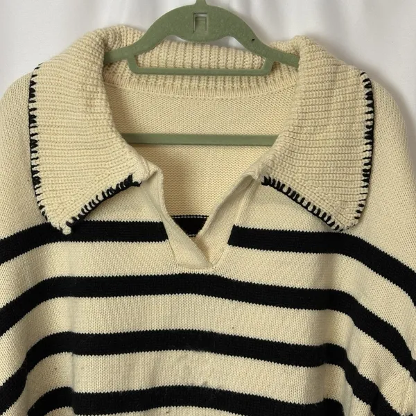Unbranded Women’s Collared Polo Sweater Cream & Navy Stripe 2XL Nautical Boho - Image 5