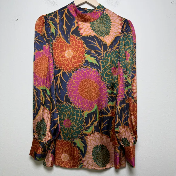 Farm Rio Women Top Small Multicolor Vintage Garden Satin Mock‎ Neck Puff Sleeve - Image 2