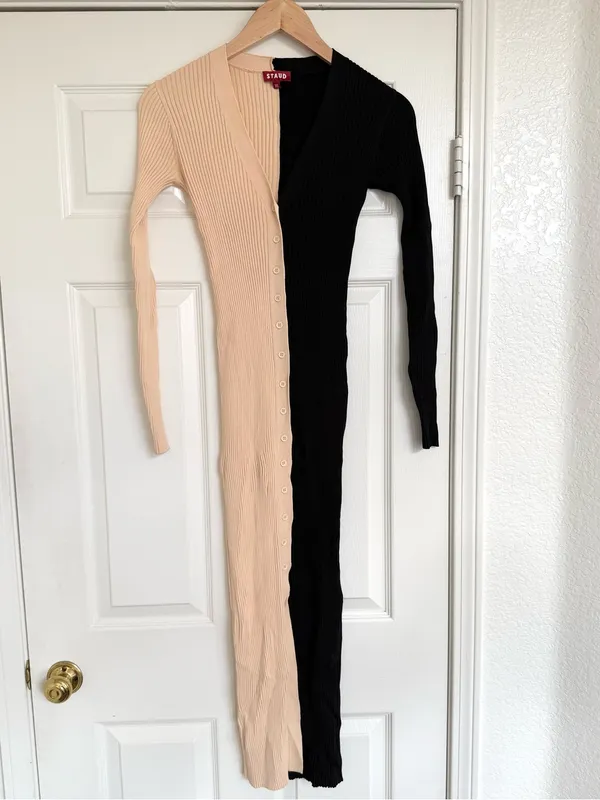 STAUD Shoko Two Tone Ribbed Button Down Midi Dress Colorblock Cream tan Black XS - Image 5
