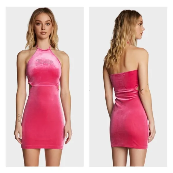 Juicy Couture Pucker Up Velvet Halter Cut‎ Out Mini Dress Women’s S Hot Pink NEW - Image 2
