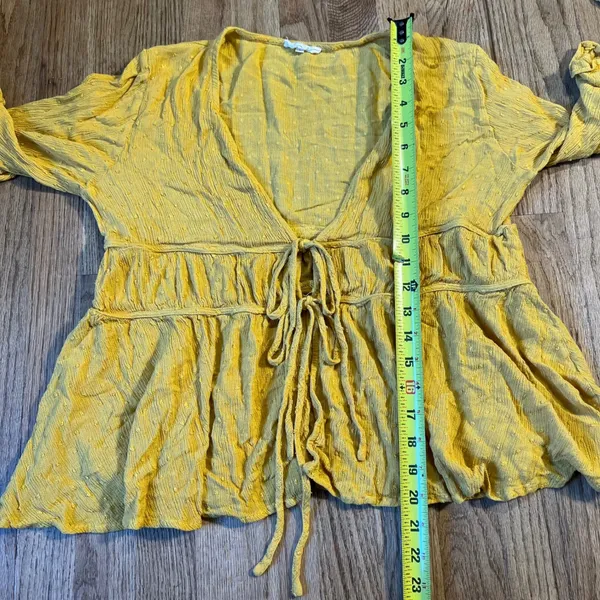 Easel Los Angeles Mustard Yellow Swiss Dot Tie Front Ruffle Peplum Blouse L - Image 8