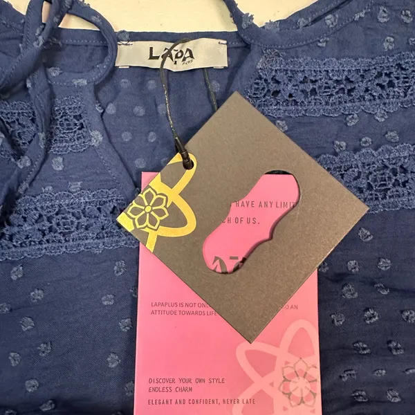 LAPA Plus Navy Blue Clip Dot Tiered Midi Dress Crochet Lace Boho Womens 1XL NEW‎ - Image 4