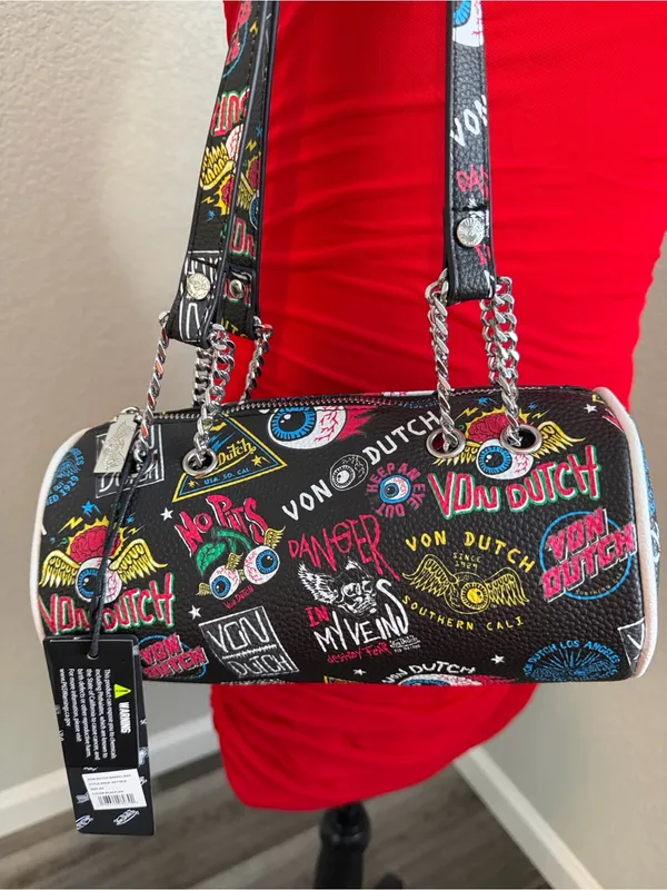 Von Dutch Black Graphic Barrel Crossbody Bag with Multicolor Patches - Image 9