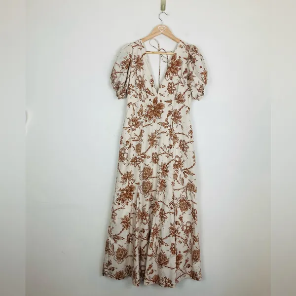 Abercrombie & Fitch cream and brown print puff sleeve floral maxi dress. M - Image 3