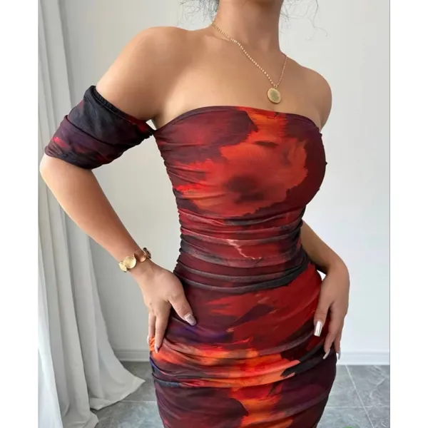 NEW Off-Shoulder Bodycon Ruched Slit Midi Dress L - Image 3